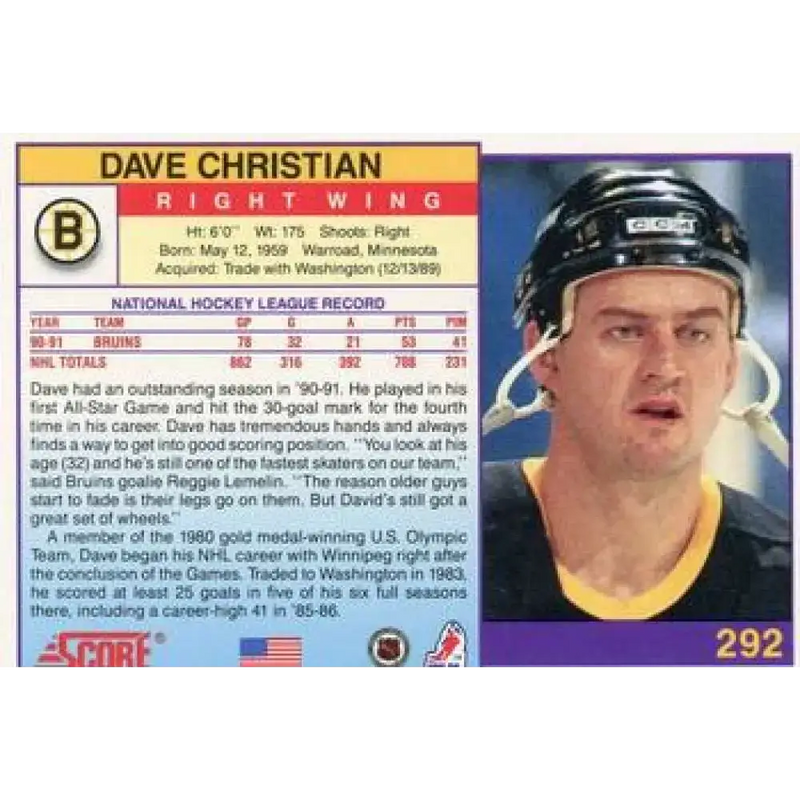1991-92 Score American #292 Dave Christian NM-MT Boston Bruins Hockey Card - Hockey Card Single