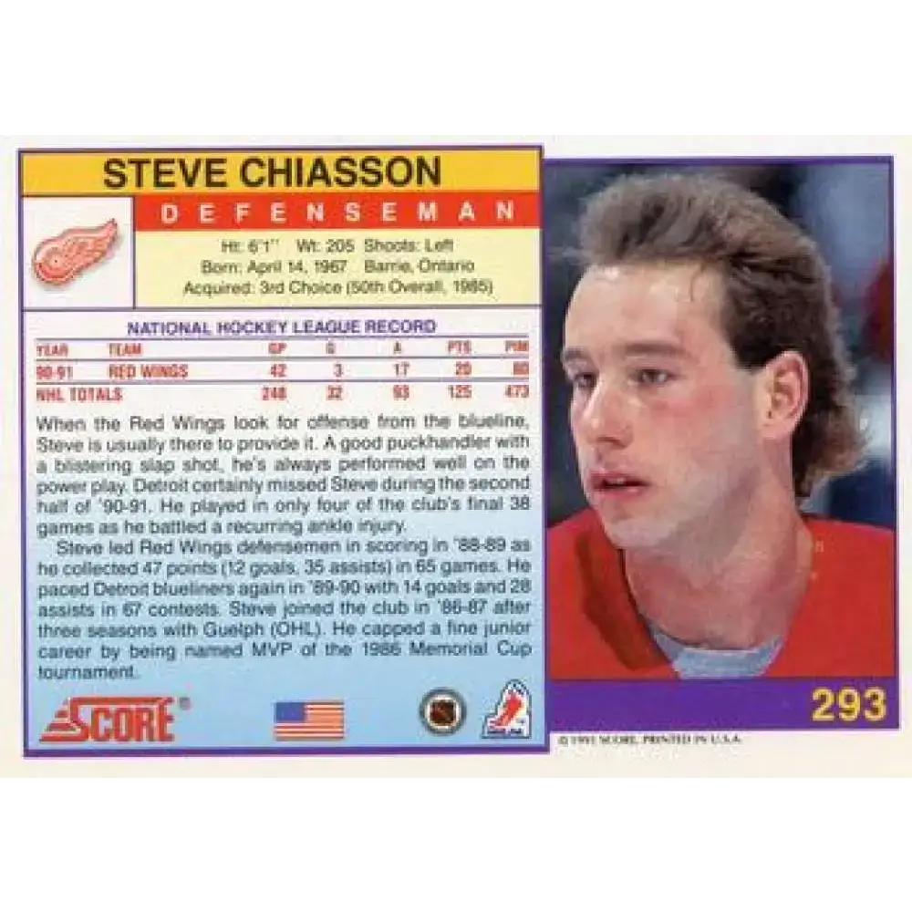 1991-92 Score American #293 Steve Chiasson NM-MT Detroit Red Wings Hockey Card - Hockey Card Single