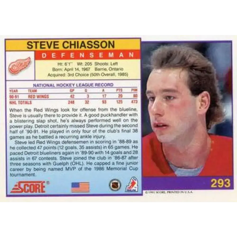 1991-92 Score American #293 Steve Chiasson NM-MT Detroit Red Wings Hockey Card - Hockey Card Single