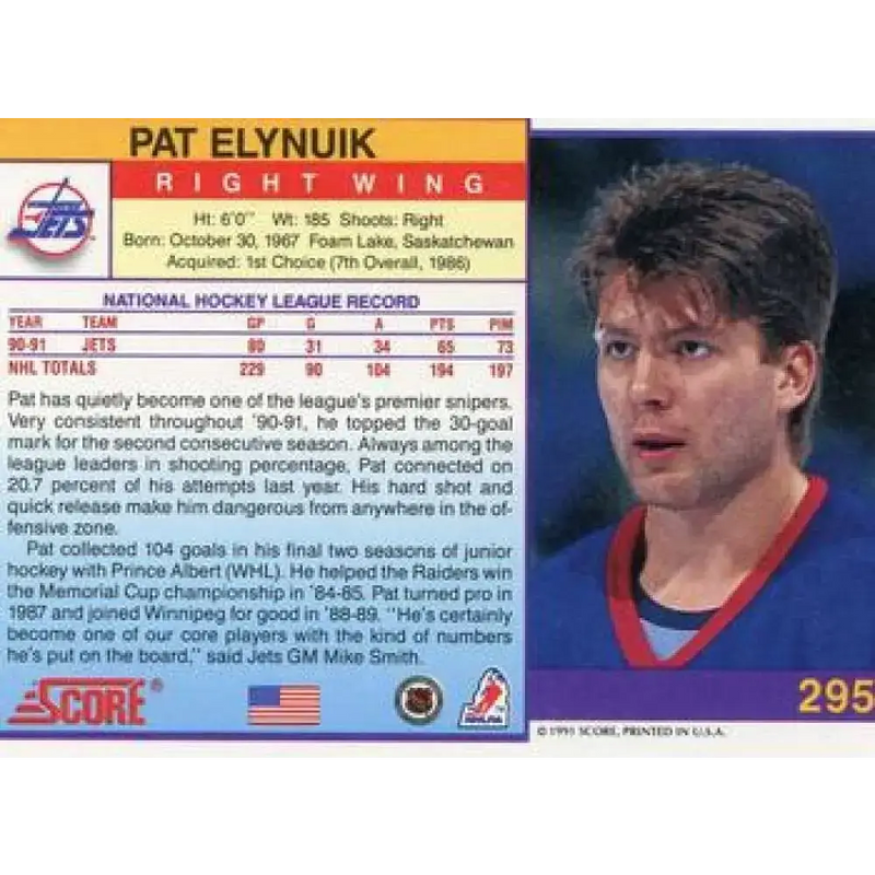 1991-92 Score American #295 Pat Elynuik NM-MT Winnipeg Jets Hockey Card - Hockey Card Single