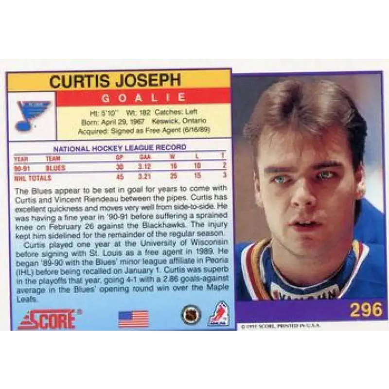 1991-92 Score American #296 Curtis Joseph NM-MT St. Louis Blues Hockey Card - Hockey Card Single