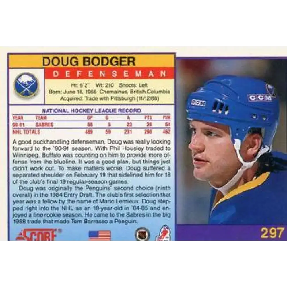 1991-92 Score American #297 Doug Bodger NM-MT Buffalo Sabres Hockey Card - Hockey Card Single