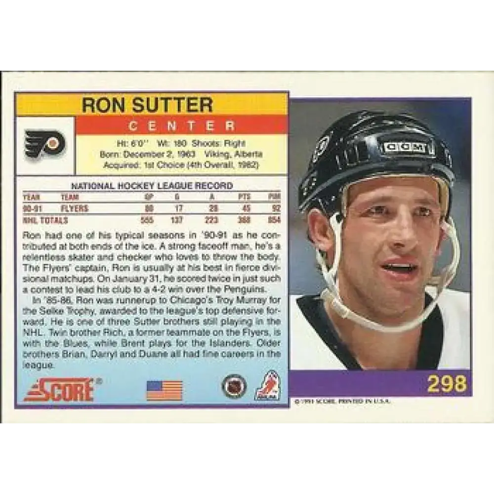 1991-92 Score American #298 Ron Sutter NM-MT Philadelphia Flyers Hockey Card - Hockey Card Single