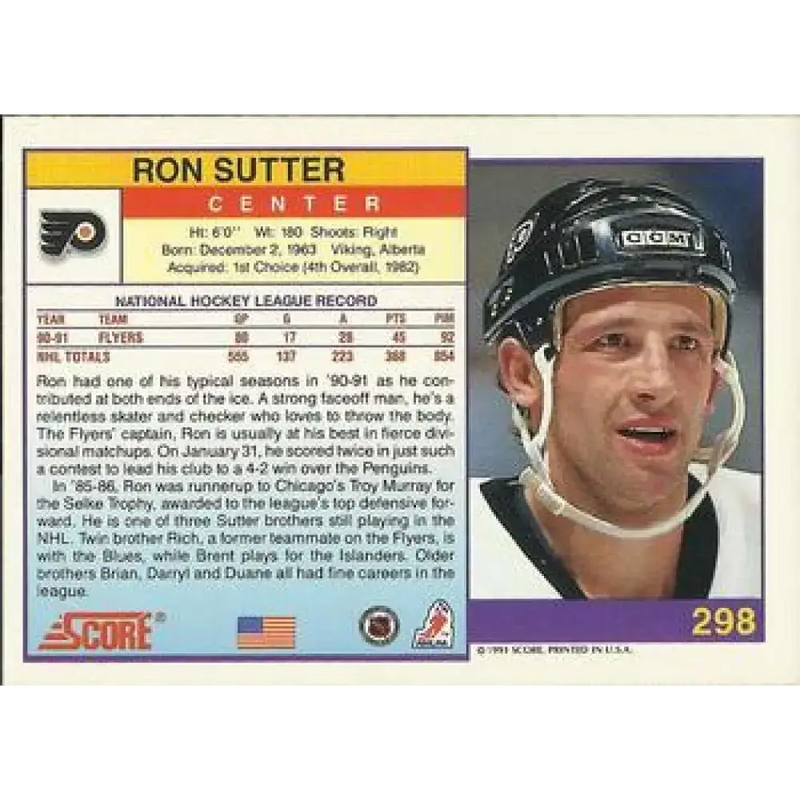 1991-92 Score American #298 Ron Sutter NM-MT Philadelphia Flyers Hockey Card - Hockey Card Single