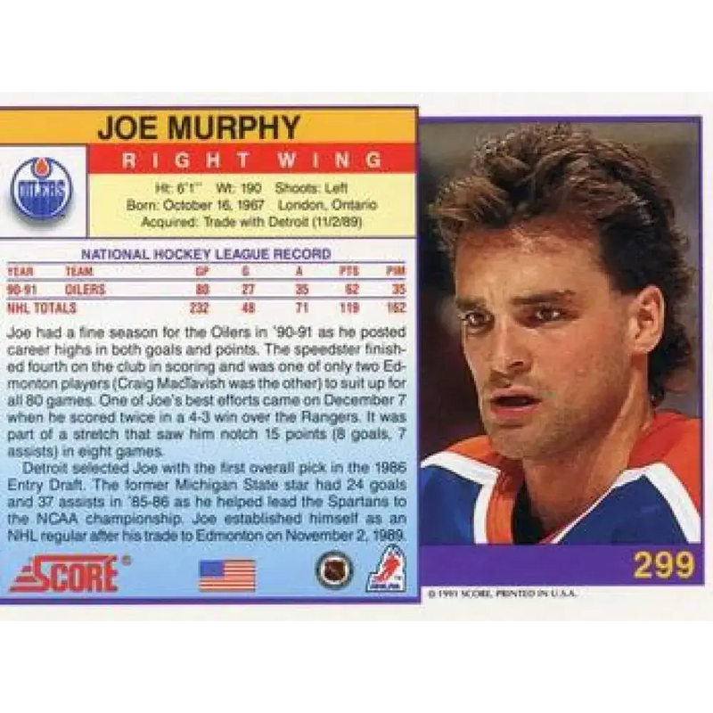 1991-92 Score American #299 Joe Murphy NM-MT Edmonton Oilers Hockey Card - Hockey Card Single