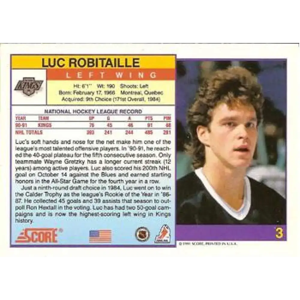 1991-92 Score American #3 Luc Robitaille NM-MT Los Angeles Kings Hockey Card - Hockey Card Single
