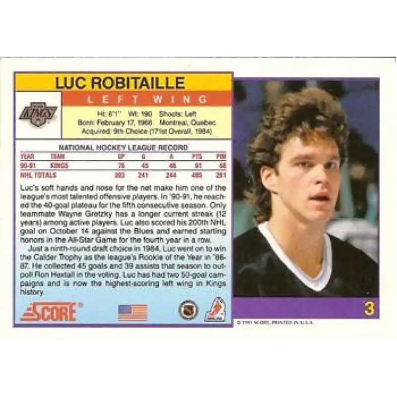 1991-92 Score American #3 Luc Robitaille NM-MT Los Angeles Kings Hockey Card - Hockey Card Single