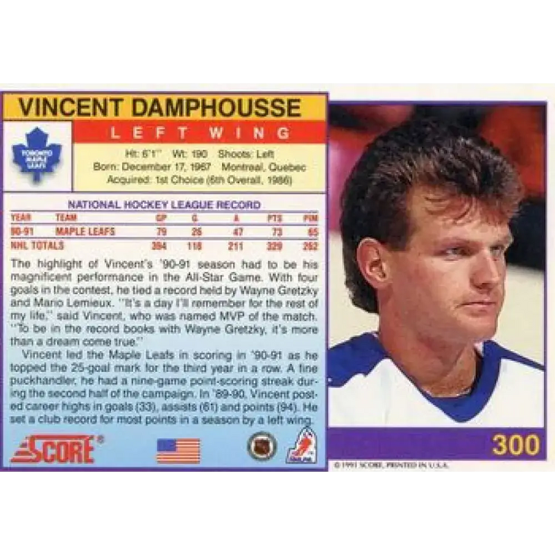 1991-92 Score American #300 Vincent Damphousse NM-MT Toronto Maple Leafs Hockey Card - Hockey Card Single