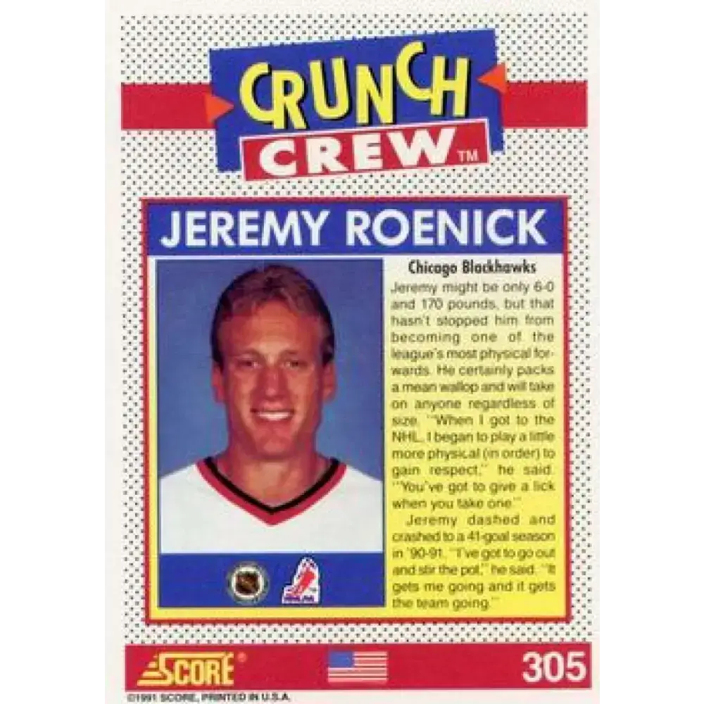 1991-92 Score American #305 Jeremy Roenick NM-MT Chicago Blackhawks Hockey Card - Hockey Card Single