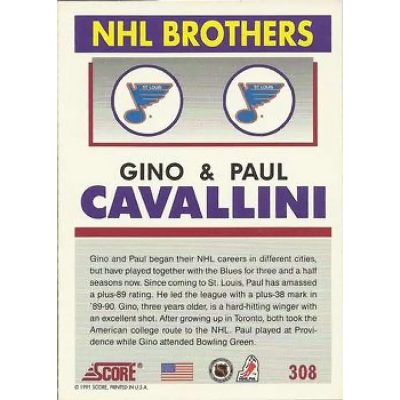 1991-92 Score American #308 Paul Cavallini/Gino Cavallini NM-MT St. Louis Blues Hockey Card - Hockey Card Single