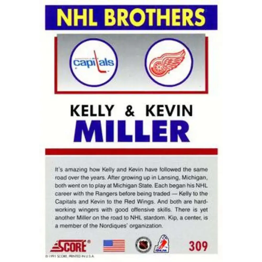 1991-92 Score American #309 Kelly Miller/Kevin Miller NM-MT Washington Capitals Hockey Card - Hockey Card Single