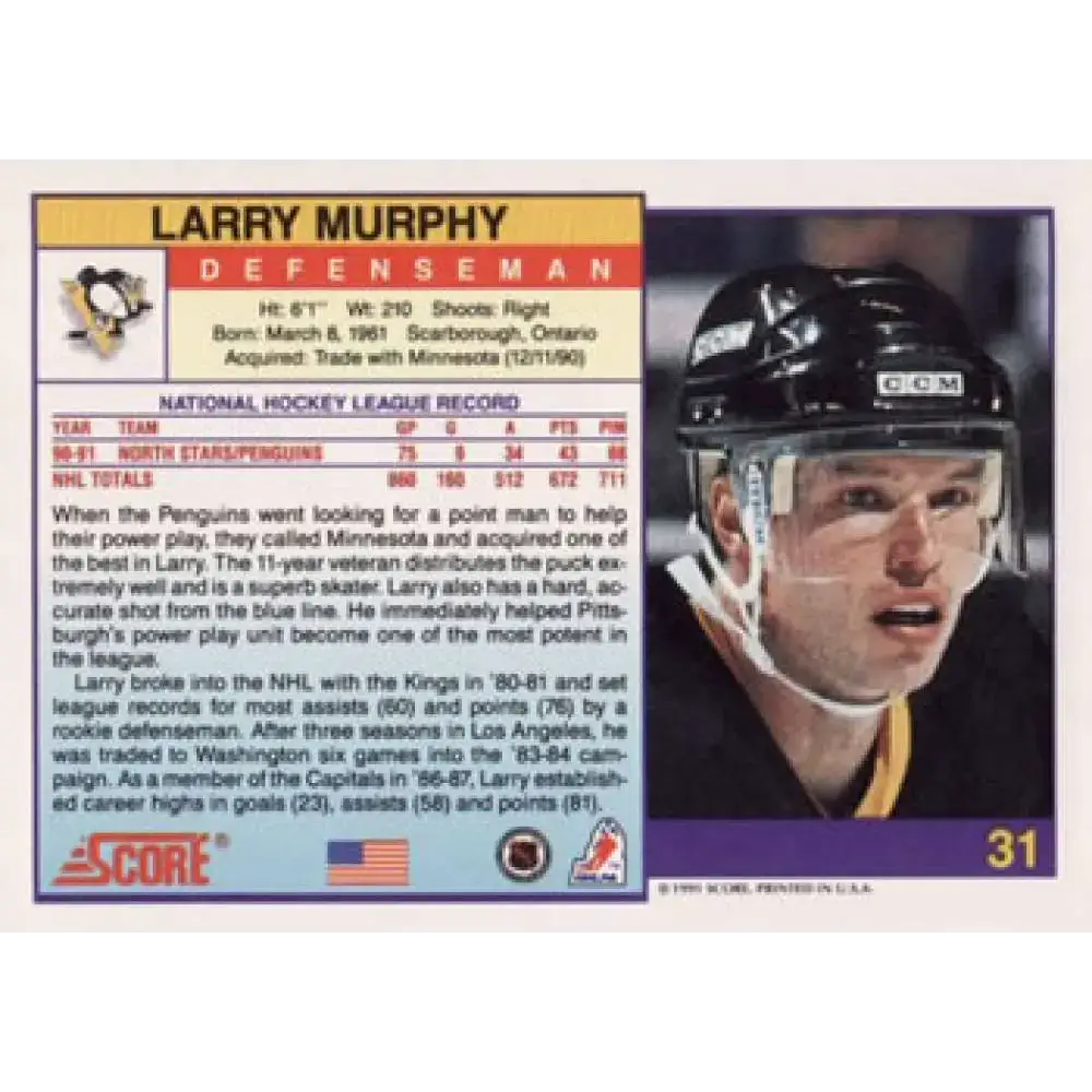 1991-92 Score American #31 Larry Murphy NM-MT Pittsburgh Penguins Hockey Card - Hockey Card Single