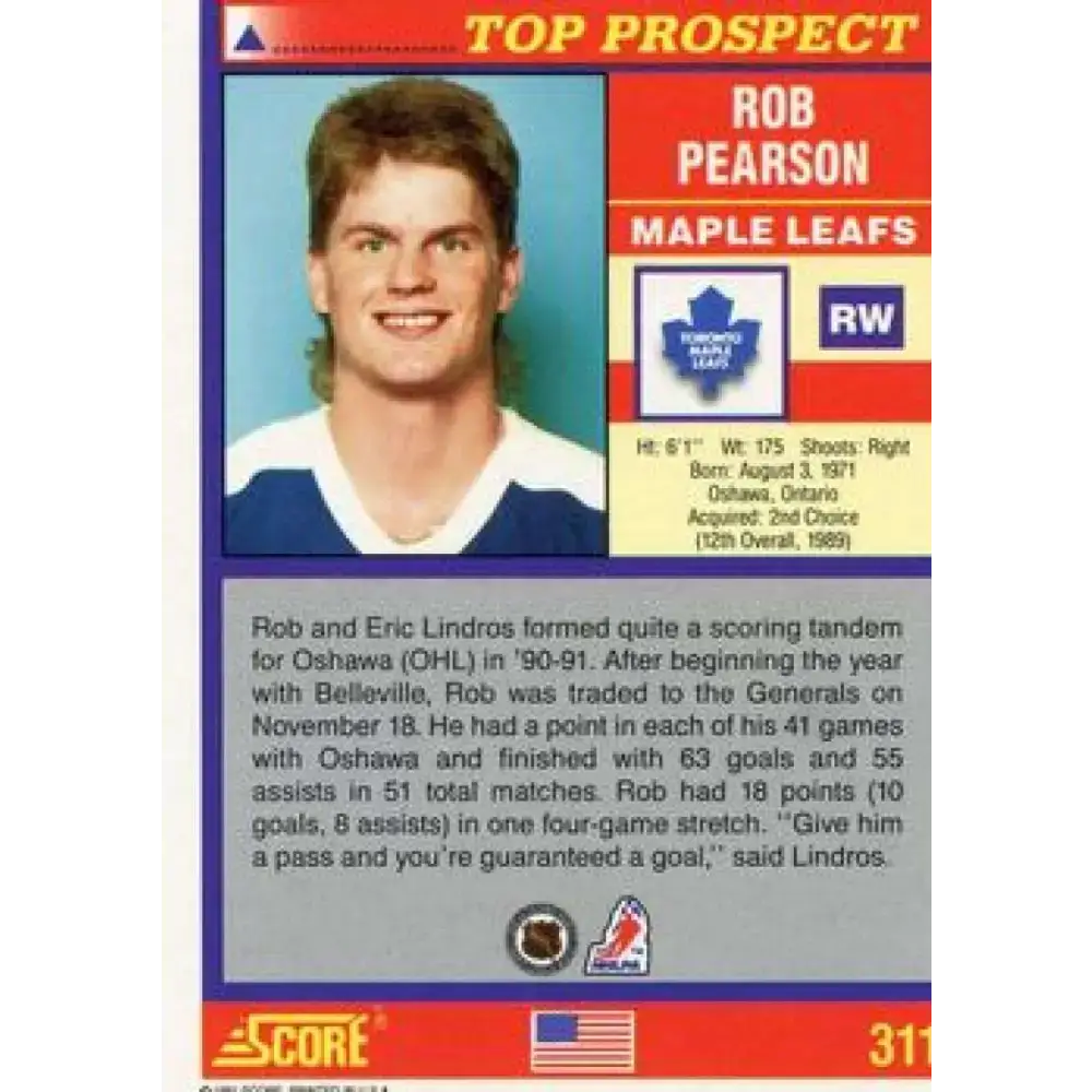 1991-92 Score American #311 Rob Pearson NM-MT RC Rookie Toronto Maple Leafs Hockey Card - Hockey Card Single