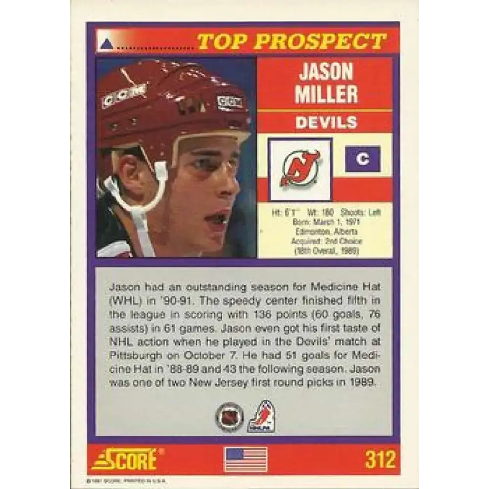 1991-92 Score American #312 Jason Miller NM-MT New Jersey Devils Hockey Card - Hockey Card Single
