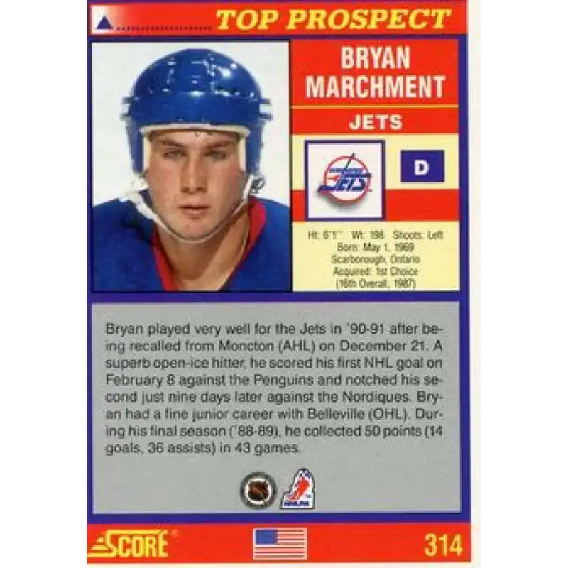 1991-92 Score American #314 Bryan Marchment NM-MT RC Rookie Winnipeg Jets Hockey Card - Hockey Card Single