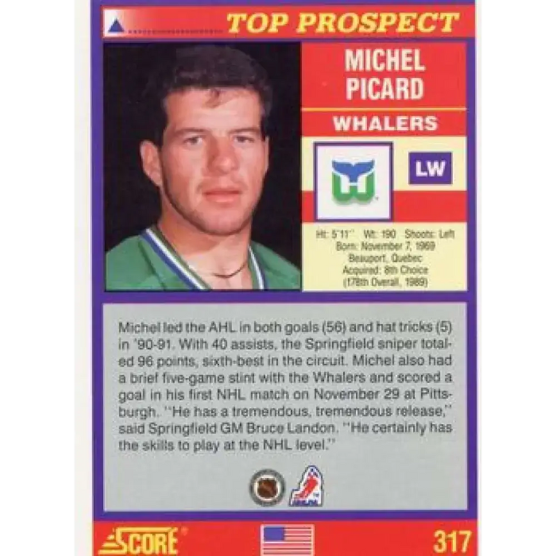 1991-92 Score American #317 Michel Picard NM-MT RC Rookie Hartford Whalers Hockey Card - Hockey Card Single