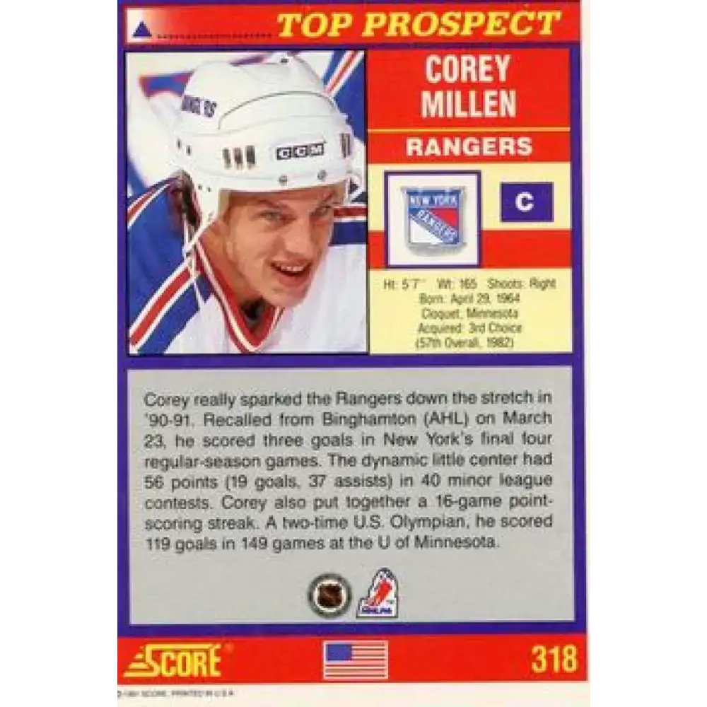 1991-92 Score American #318 Corey Millen NM-MT RC Rookie New York Rangers Hockey Card