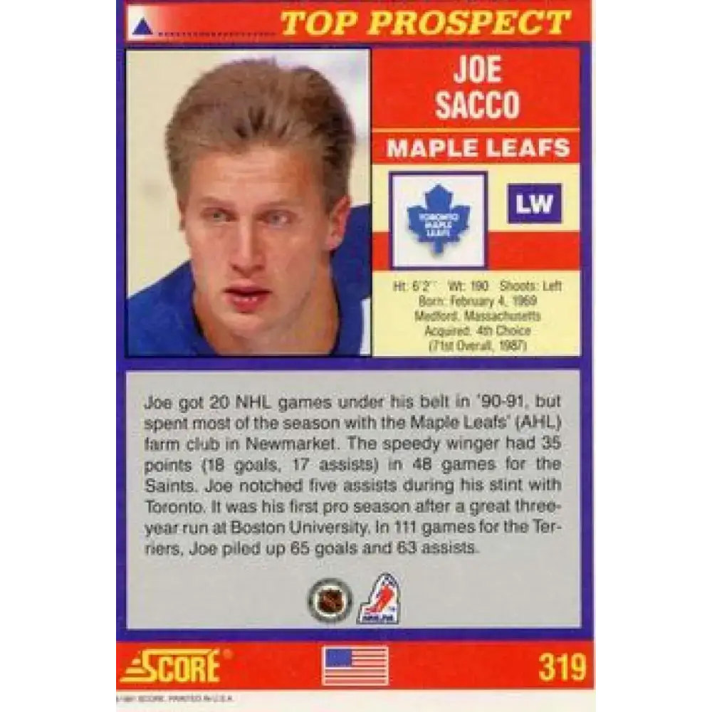 1991-92 Score American #319 Joe Sacco NM-MT RC Rookie Toronto Maple Leafs Hockey Card - Hockey Card Single