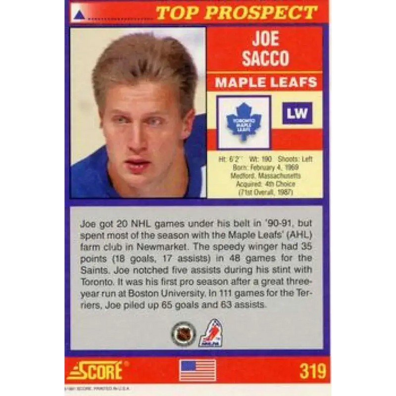 1991-92 Score American #319 Joe Sacco NM-MT RC Rookie Toronto Maple Leafs Hockey Card - Hockey Card Single