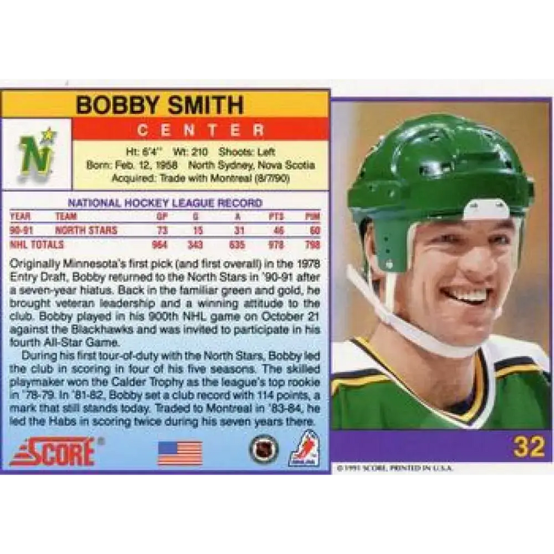 1991-92 Score American #32 Bobby Smith NM-MT Minnesota North Stars Hockey Card - Hockey Card Single