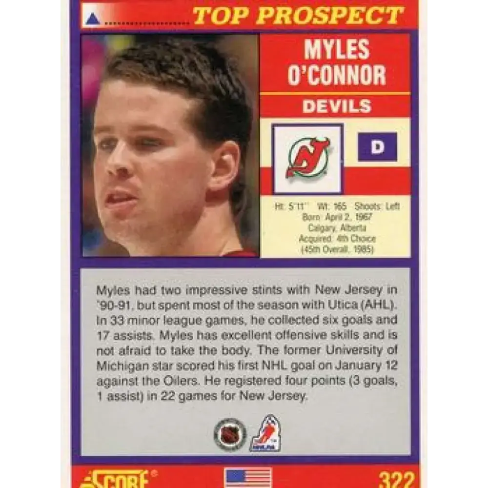 1991-92 Score American #322 Myles O’Connor NM-MT New Jersey Devils Hockey Card - Hockey Card Single