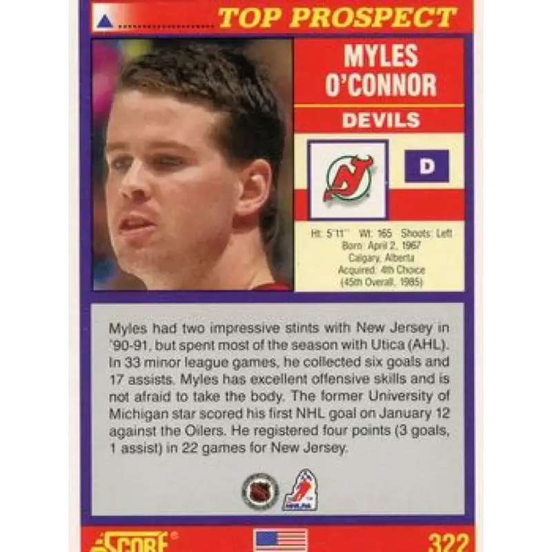 1991-92 Score American #322 Myles O’Connor NM-MT New Jersey Devils Hockey Card - Hockey Card Single