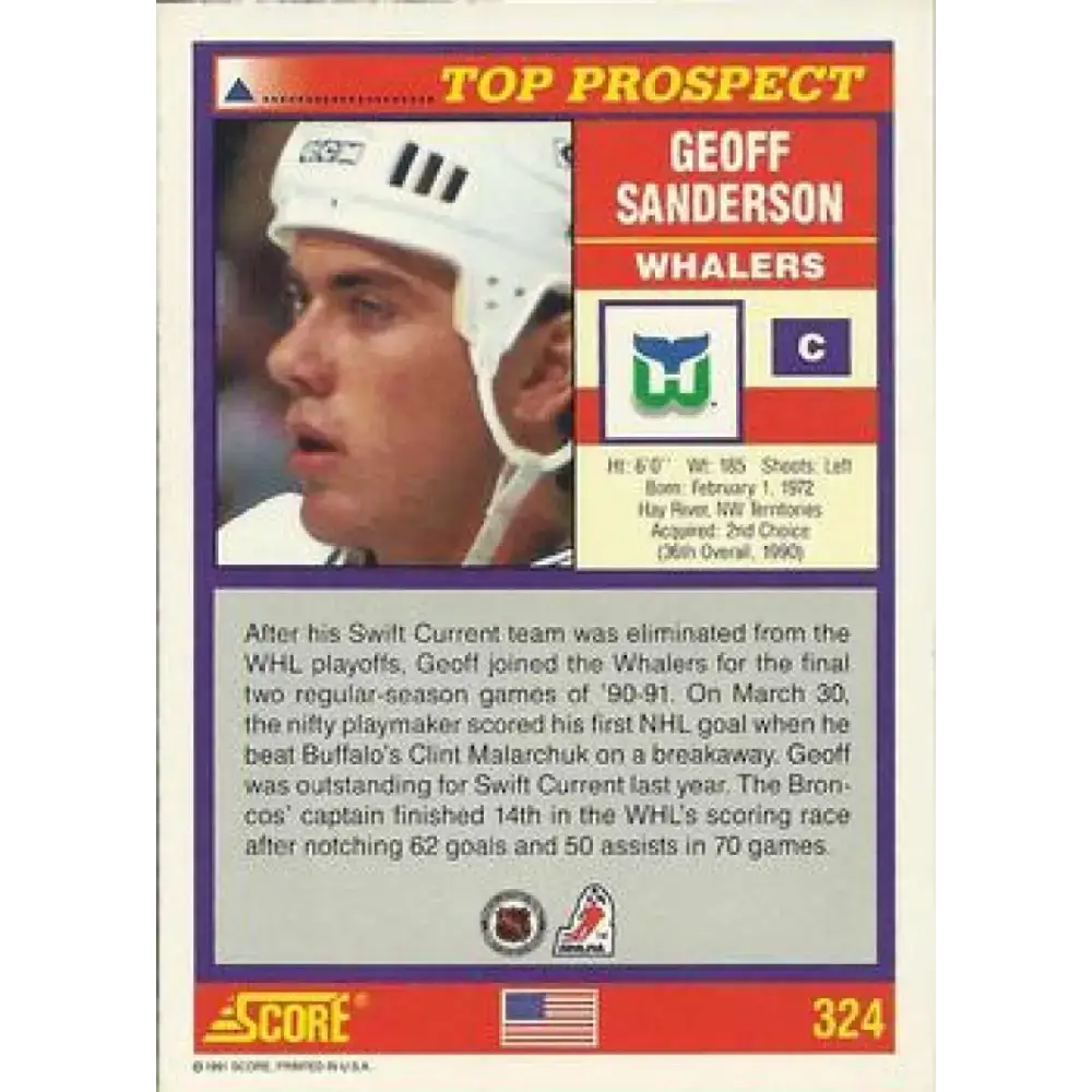 1991-92 Score American #324 Geoff Sanderson NM-MT RC Rookie Hartford Whalers Hockey Card - Hockey Card Single