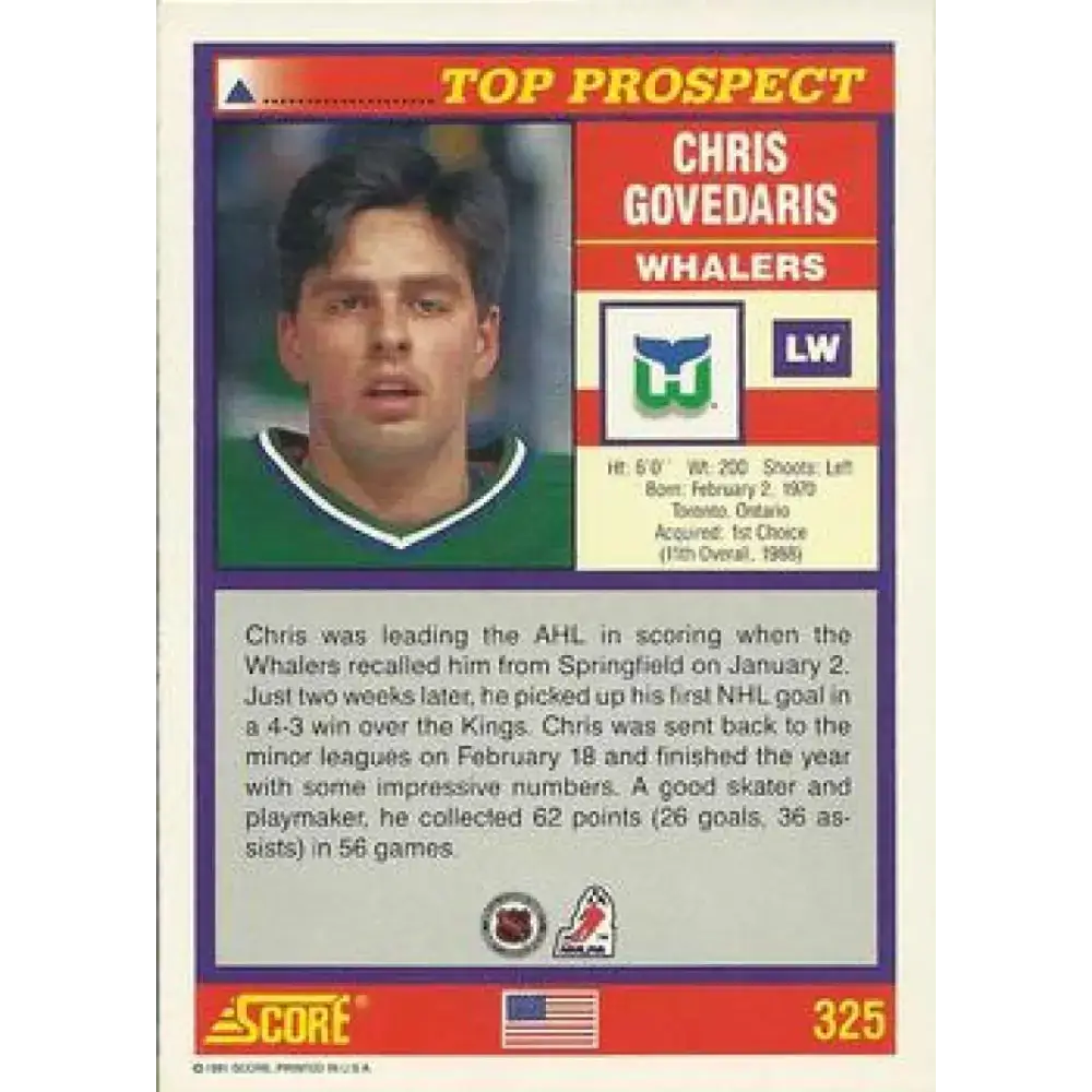 1991-92 Score American #325 Chris Govedaris NM-MT Hartford Whalers Hockey Card - Hockey Card Single