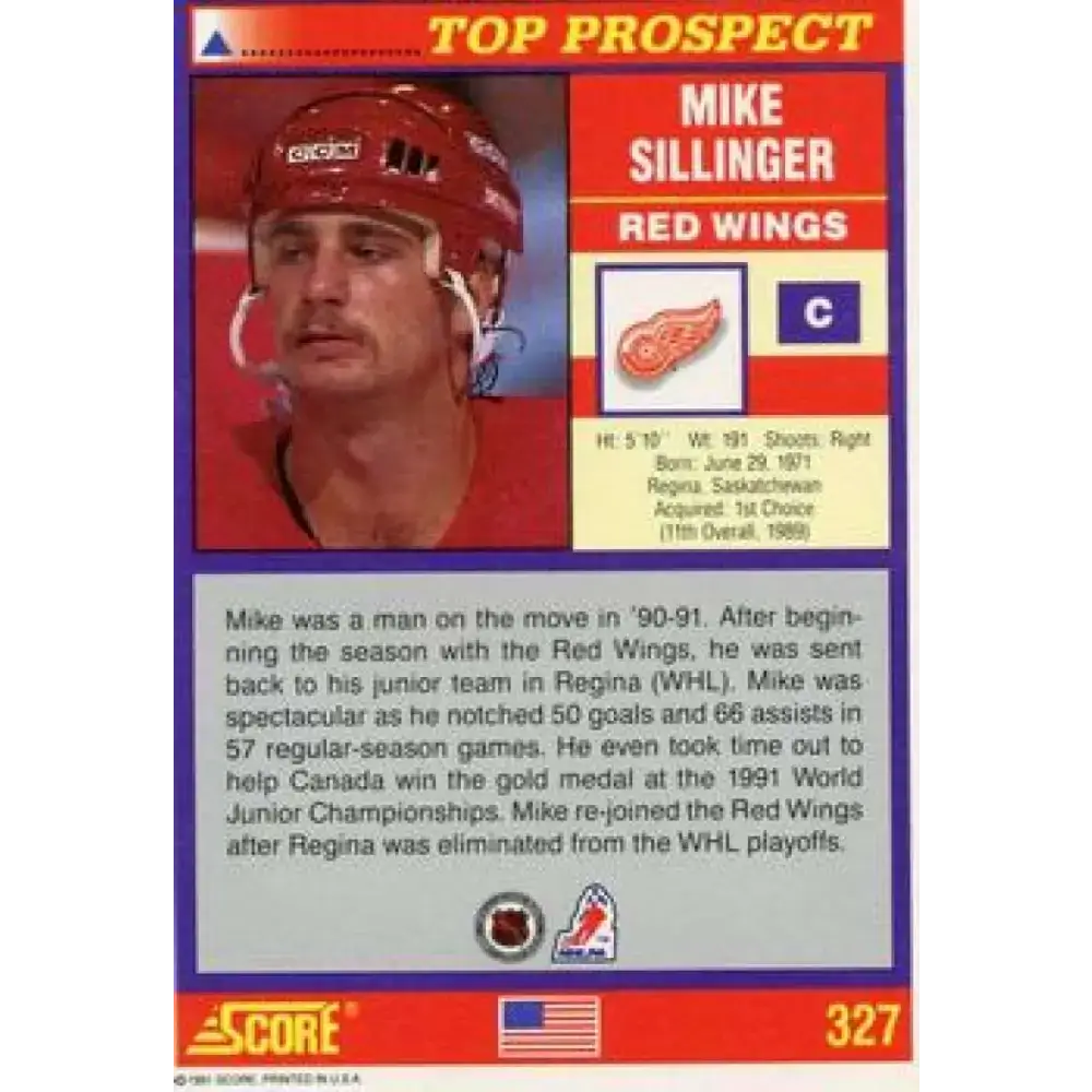 1991-92 Score American #327 Mike Sillinger NM-MT Detroit Red Wings Hockey Card - Hockey Card Single