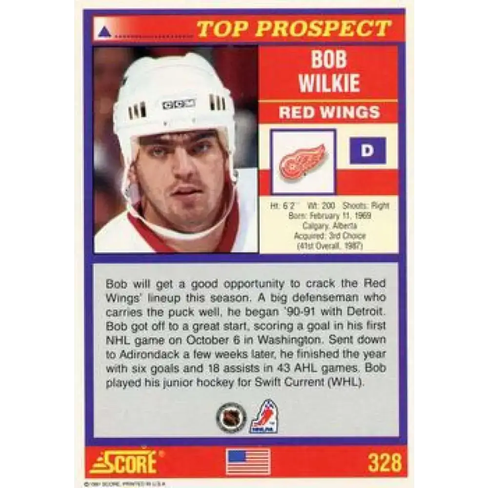 1991-92 Score American #328 Bob Wilkie NM-MT Detroit Red Wings Hockey Card - Hockey Card Single