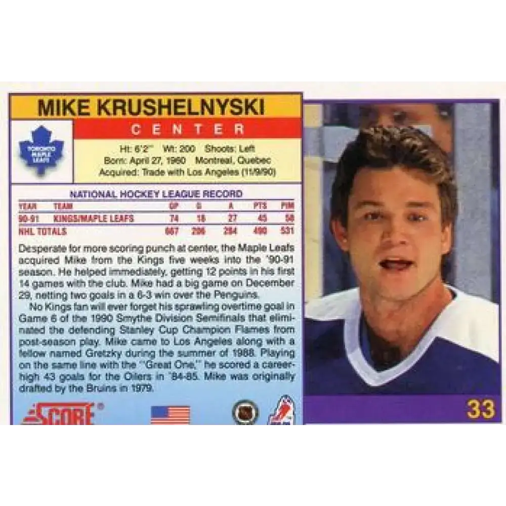 1991-92 Score American #33 Mike Krushelnyski NM-MT Toronto Maple Leafs Hockey Card
