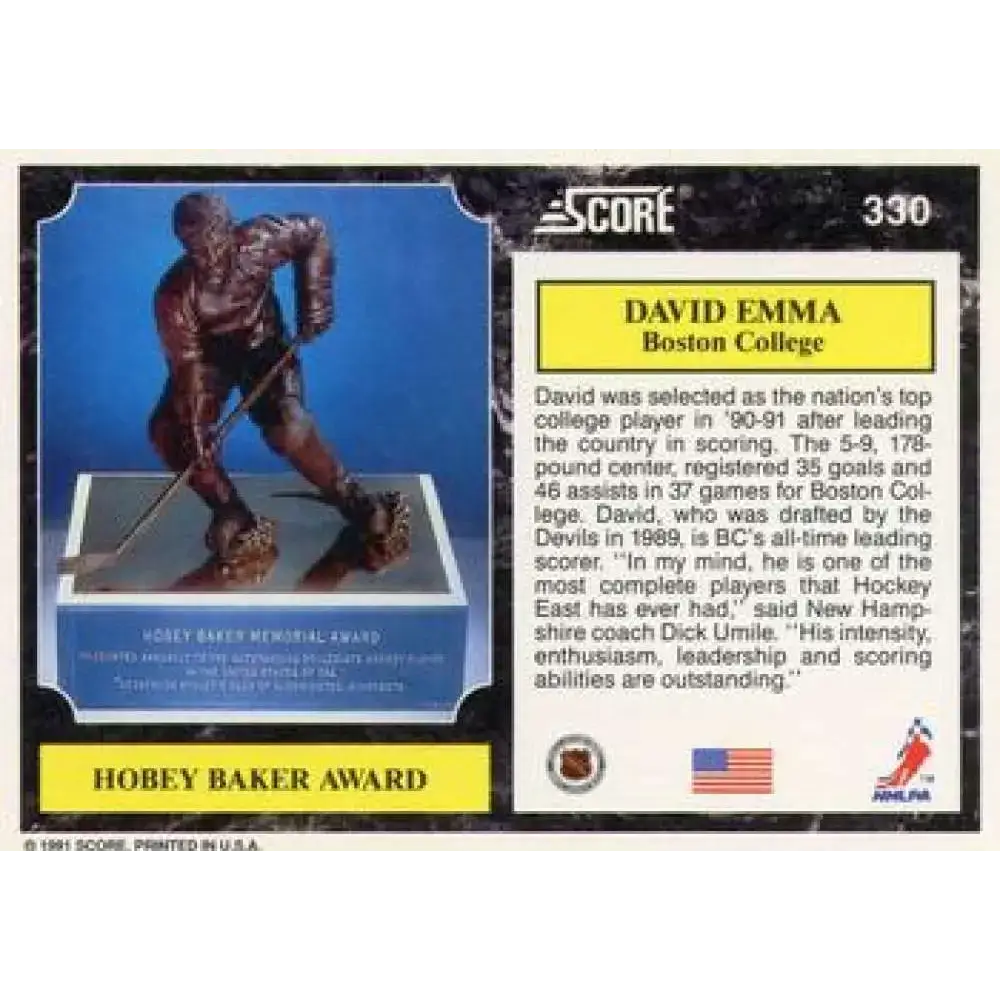 1991-92 Score American #330 David Emma NM-MT RC Rookie Hockey Card - Hockey Card Single