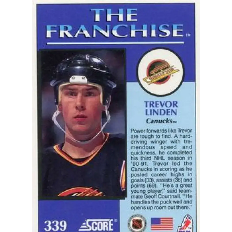 1991-92 Score American #339 Trevor Linden NM-MT Vancouver Canucks Hockey Card - Hockey Card Single