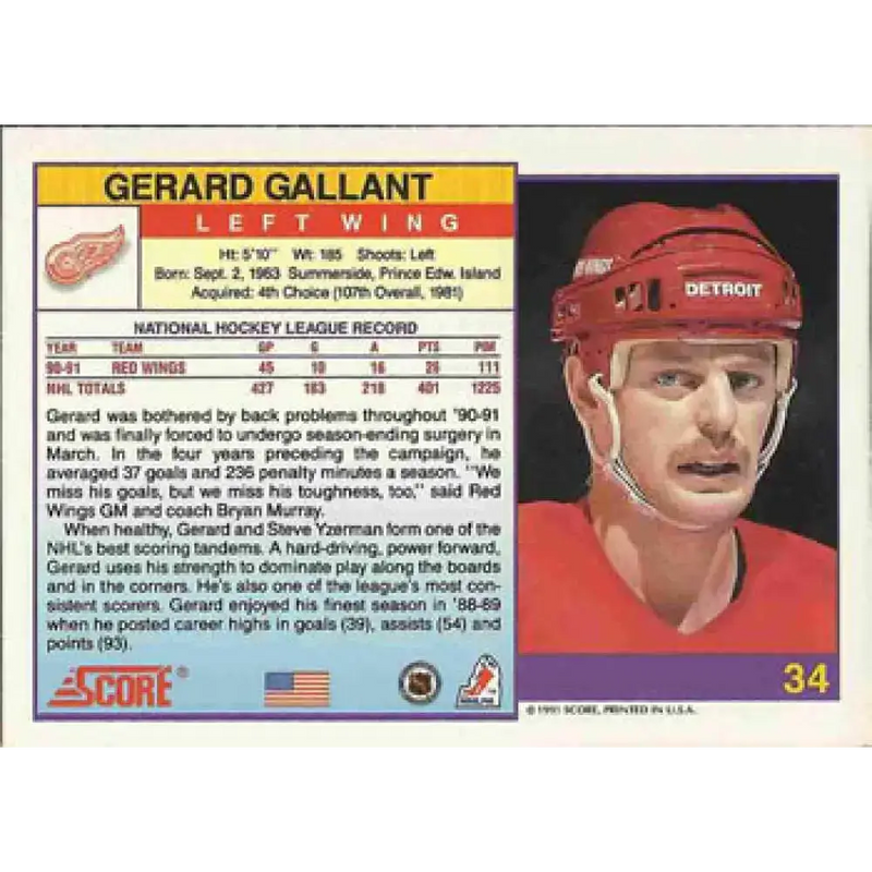 1991-92 Score American #34 Gerard Gallant NM-MT Detroit Red Wings Hockey Card - Hockey Card Single