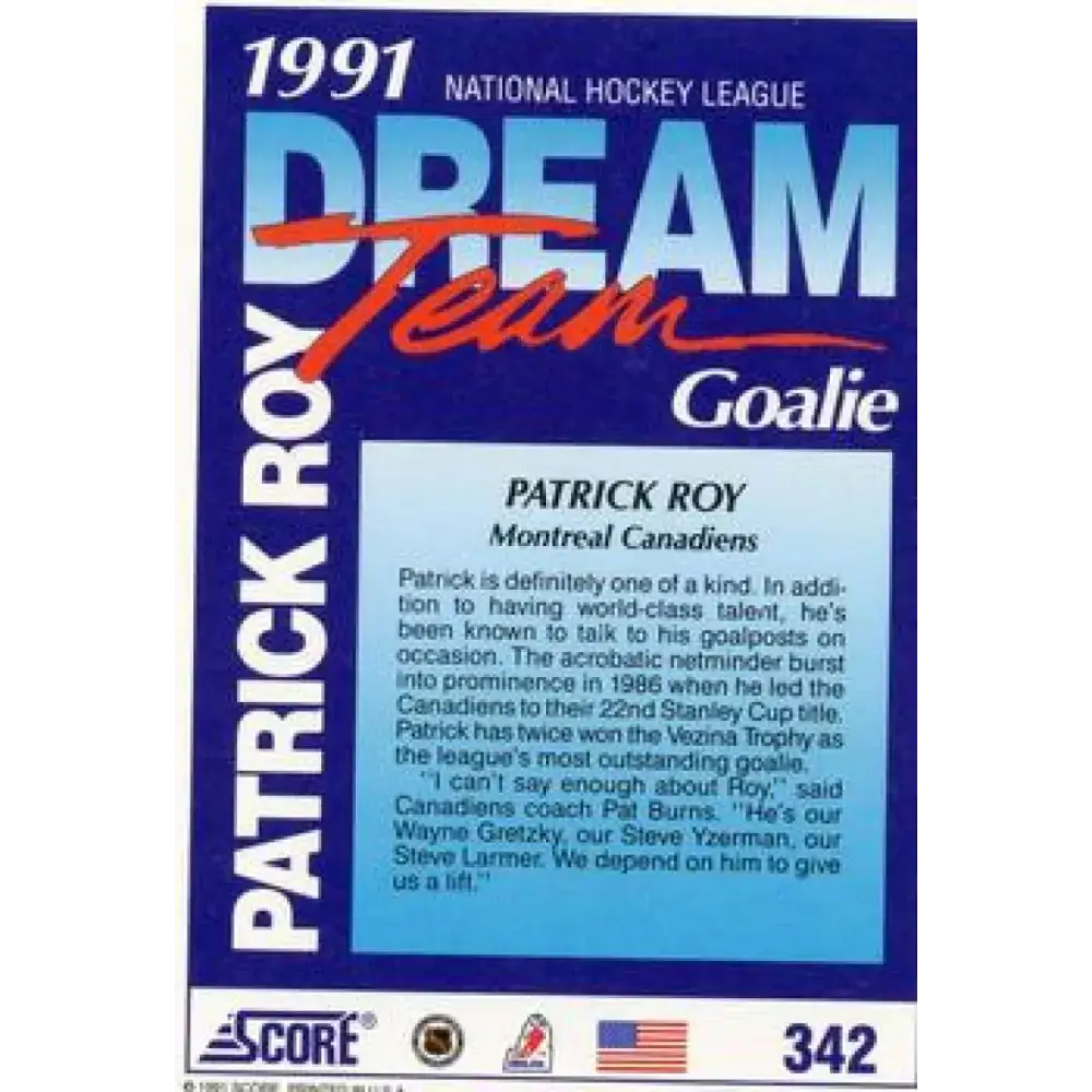 1991-92 Score American #342 Patrick Roy NM-MT Montreal Canadiens Hockey Card - Hockey Card Single