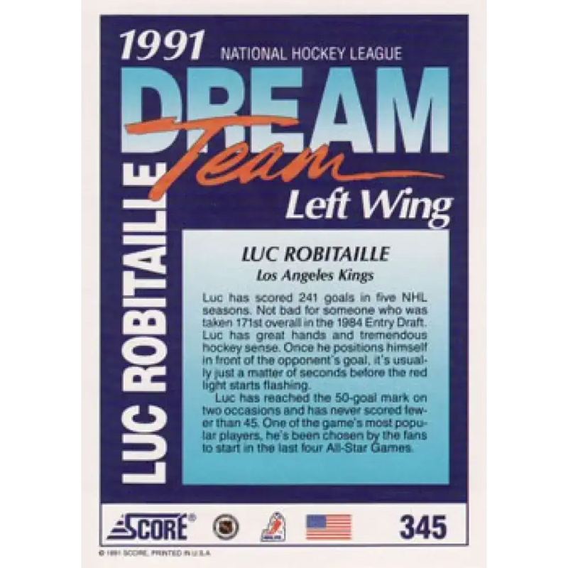 1991-92 Score American #345 Luc Robitaille NM-MT Los Angeles Kings Hockey Card - Hockey Card Single