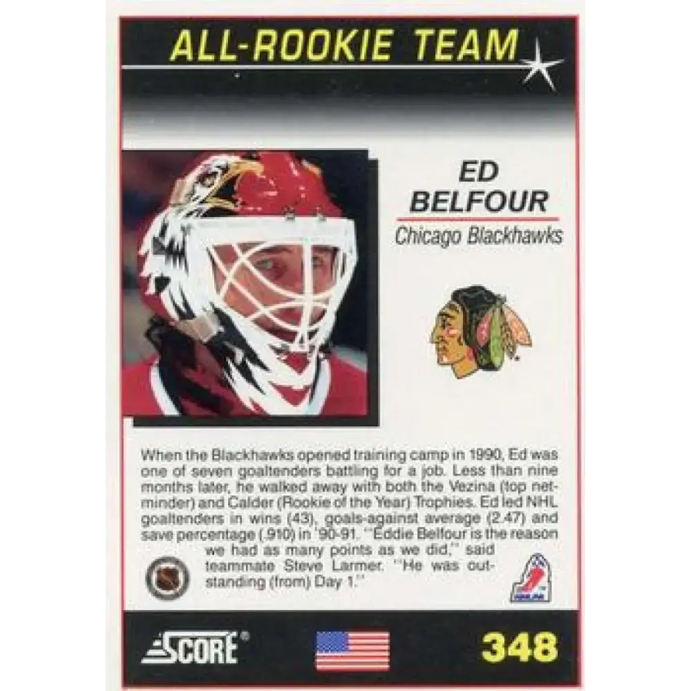 1991-92 Score American #348 Ed Belfour NM-MT Chicago Blackhawks Hockey Card - Hockey Card Single