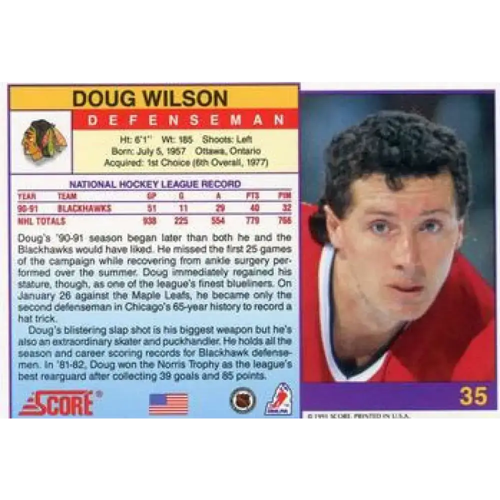 1991-92 Score American #35 Doug Wilson NM-MT Chicago Blackhawks Hockey Card - Hockey Card Single