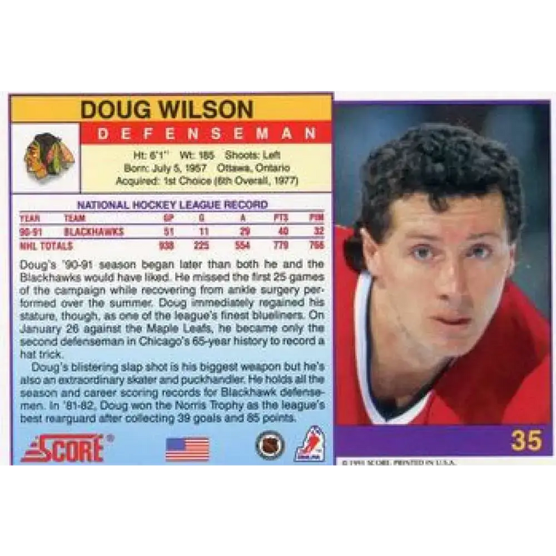1991-92 Score American #35 Doug Wilson NM-MT Chicago Blackhawks Hockey Card - Hockey Card Single