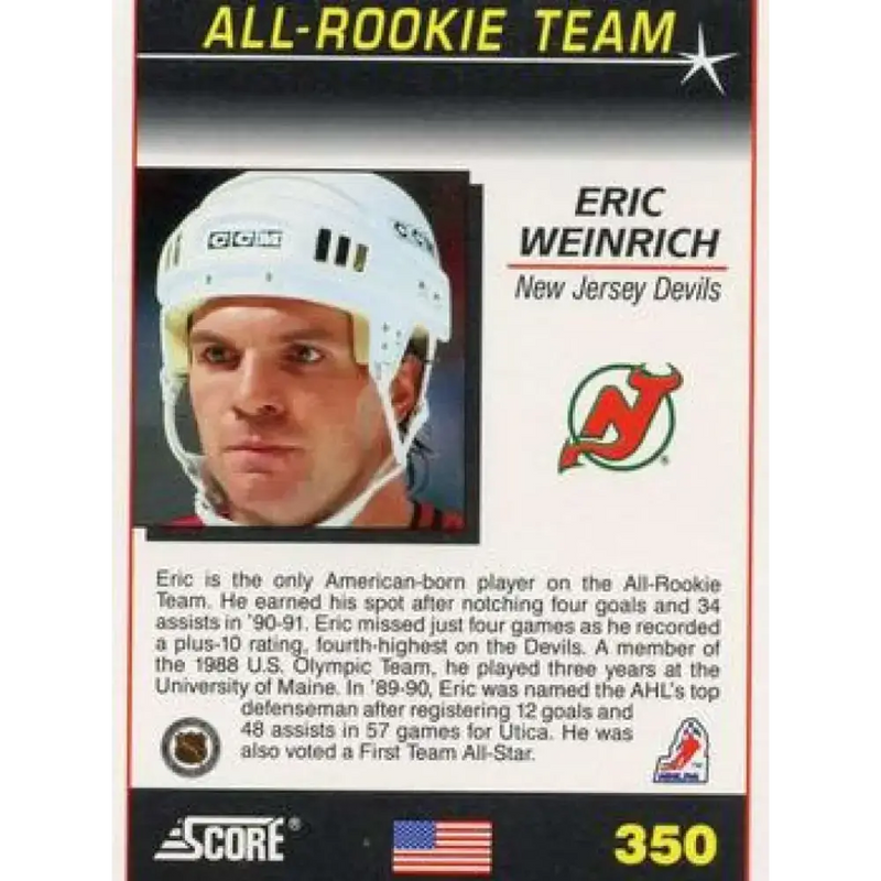 1991-92 Score American #350 Eric Weinrich NM-MT New Jersey Devils Hockey Card - Hockey Card Single