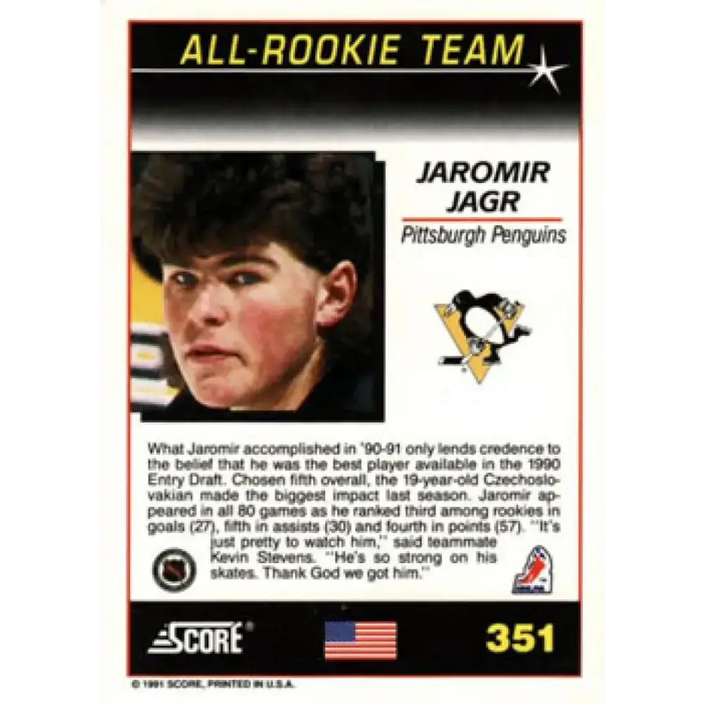 1991-92 Score American #351 Jaromir Jagr NM-MT Pittsburgh Penguins Hockey Card - Hockey Card Single