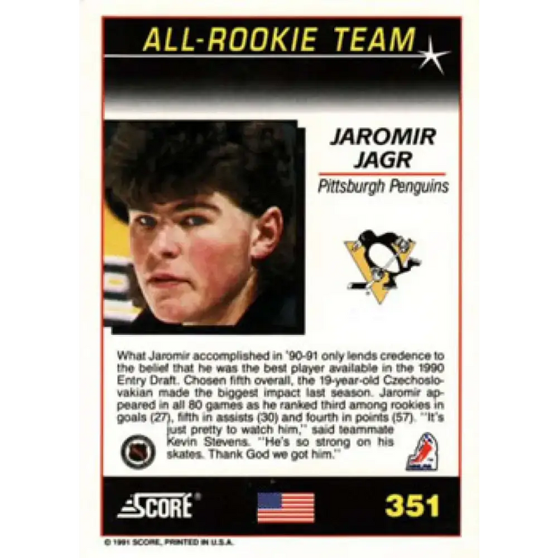 1991-92 Score American #351 Jaromir Jagr NM-MT Pittsburgh Penguins Hockey Card - Hockey Card Single
