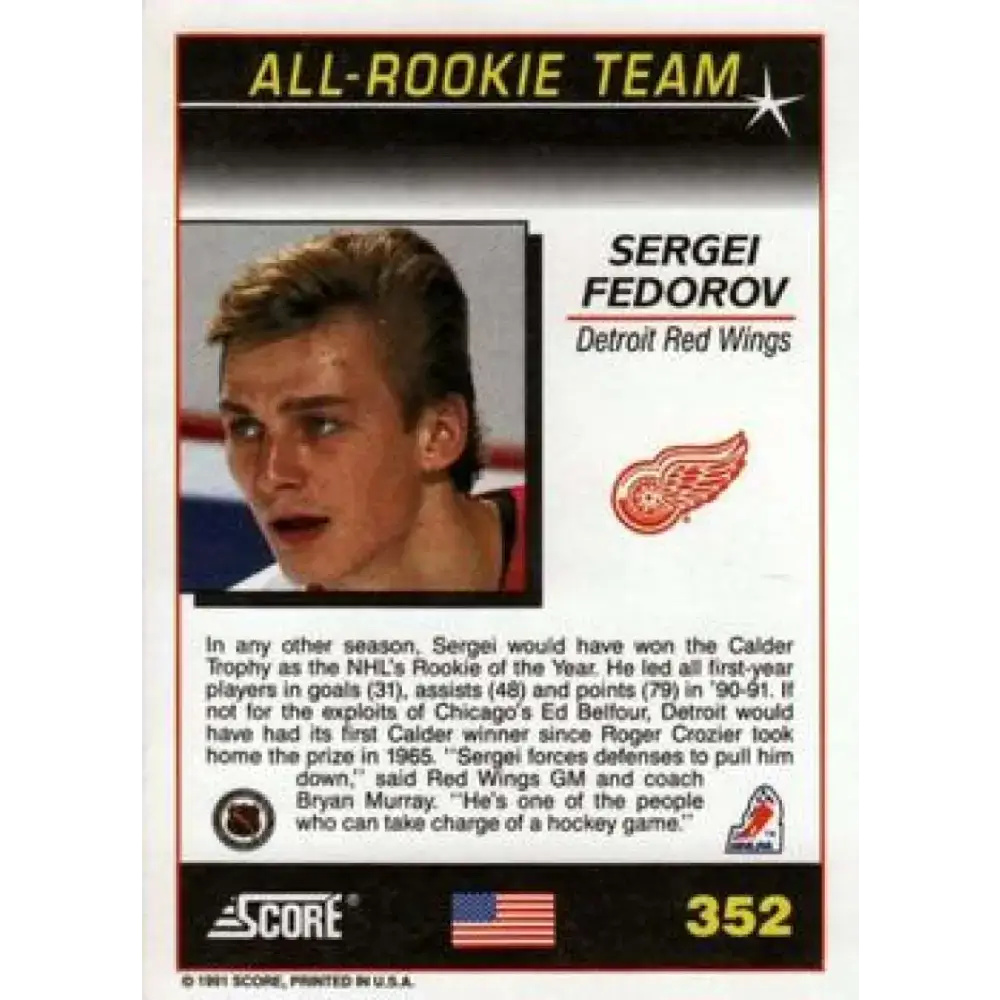 1991-92 Score American #352 Sergei Fedorov NM-MT Detroit Red Wings Hockey Card - Hockey Card Single
