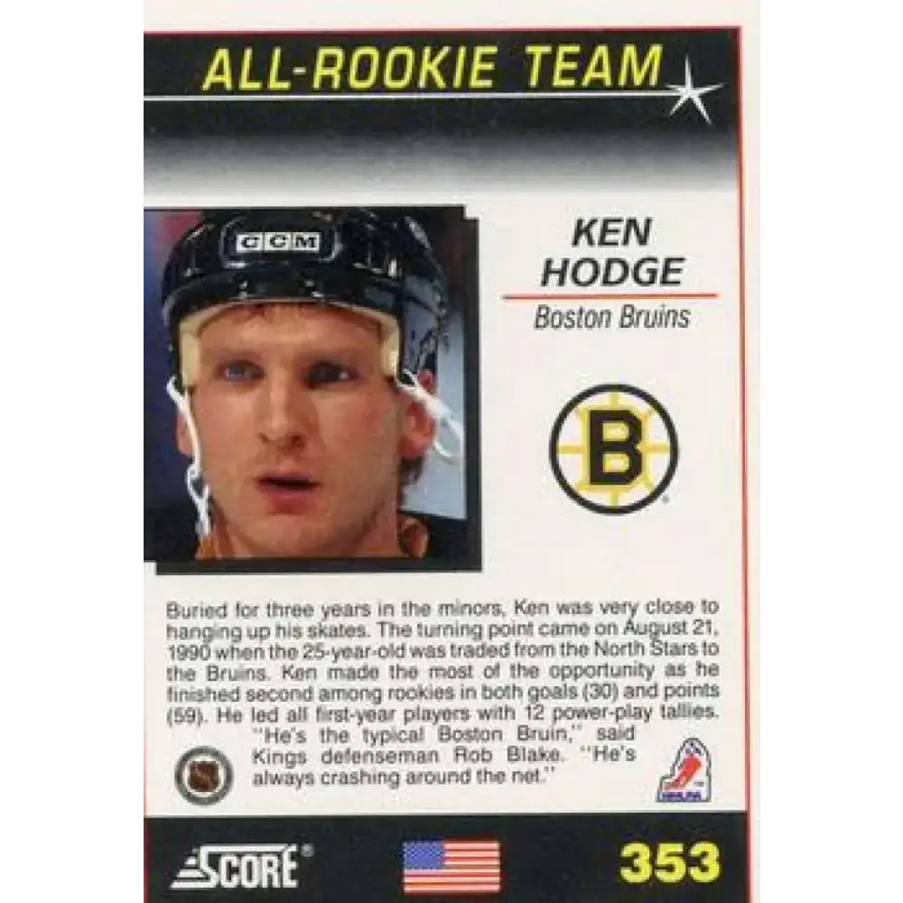 1991-92 Score American #353 Ken Hodge Jr. NM-MT Boston Bruins Hockey Card - Hockey Card Single