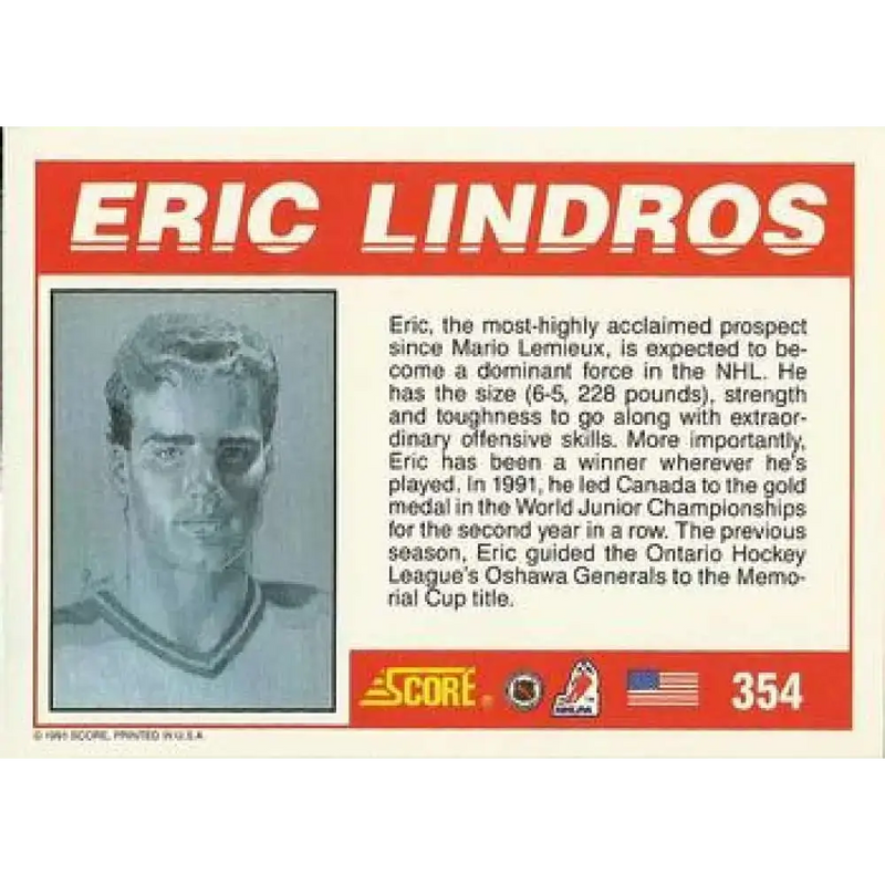 1991-92 Score American #354 Eric Lindros NM-MT Hockey Card - Hockey Card Single