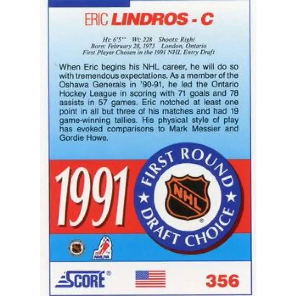 1991-92 Score American #356 Eric Lindros NM-MT Hockey Card - Hockey Card Single