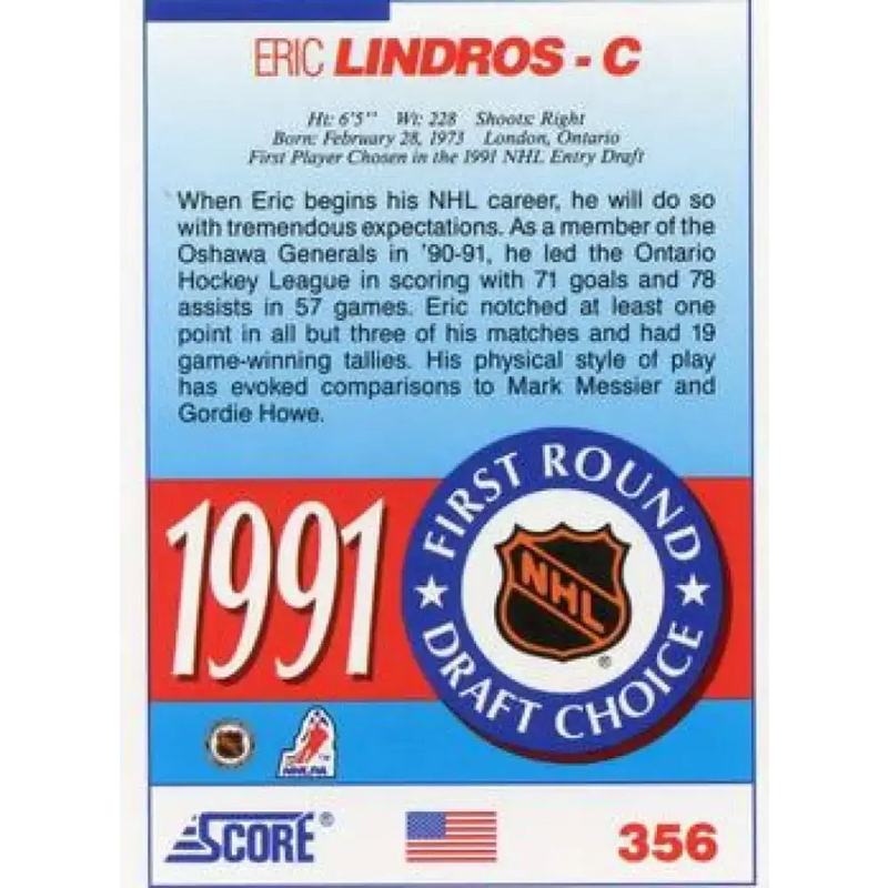 1991-92 Score American #356 Eric Lindros NM-MT Hockey Card - Hockey Card Single