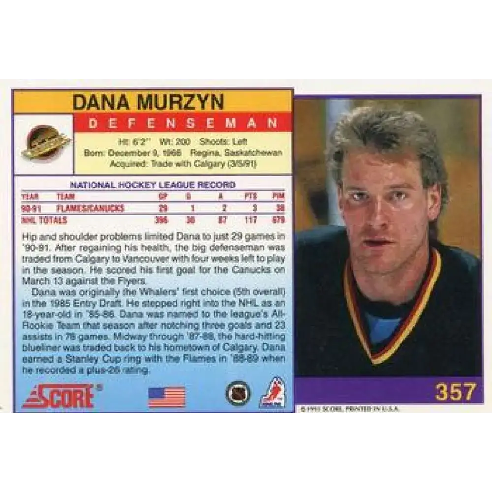 1991-92 Score American #357 Dana Murzyn NM-MT Vancouver Canucks Hockey Card - Hockey Card Single