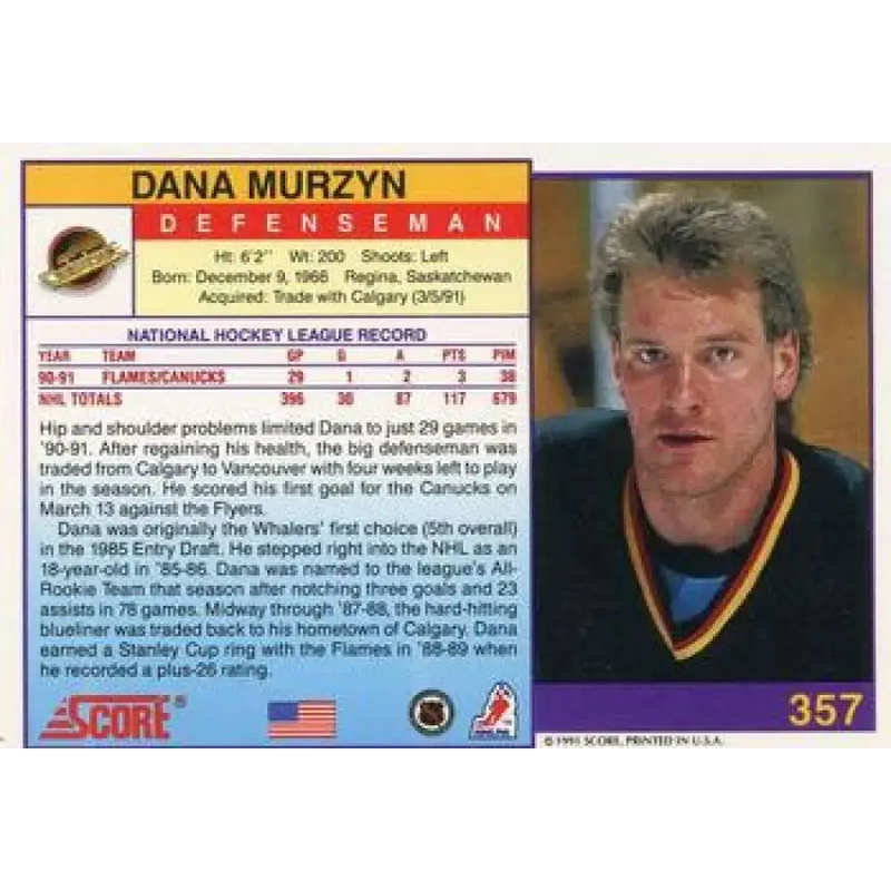 1991-92 Score American #357 Dana Murzyn NM-MT Vancouver Canucks Hockey Card - Hockey Card Single