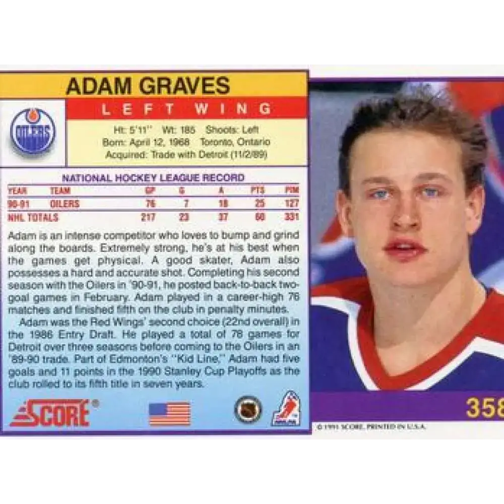1991-92 Score American #358 Adam Graves NM-MT Edmonton Oilers Hockey Card - Hockey Card Single